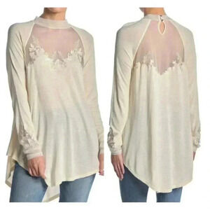 NWT Free People Long Sleeve Blouse Mesh Embroidered Size XS High Neck